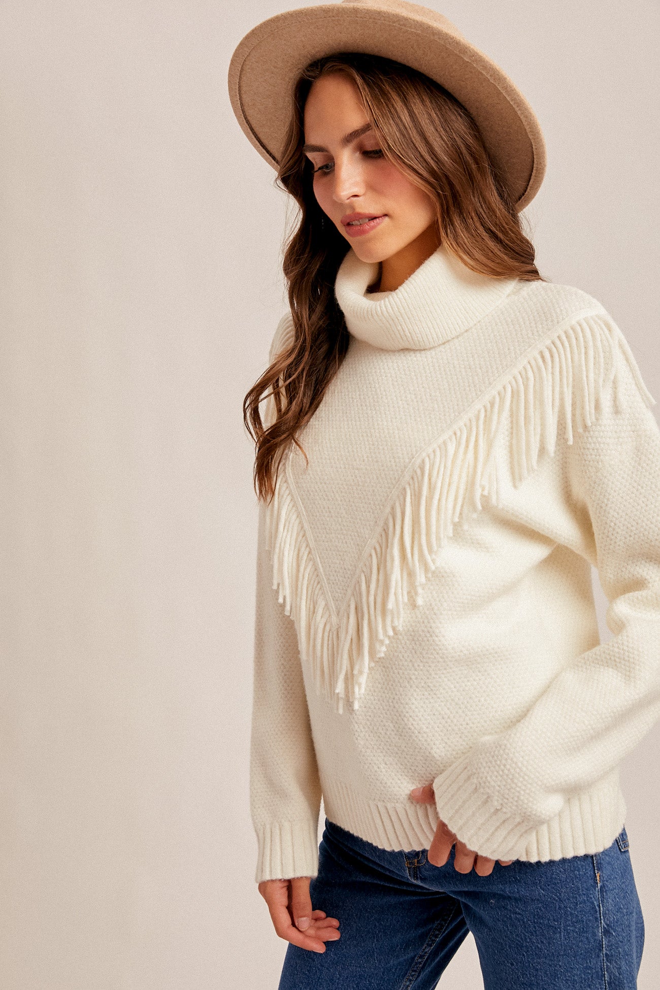 Hang Tight Fringe Detail Mock Neck Sweater Cream