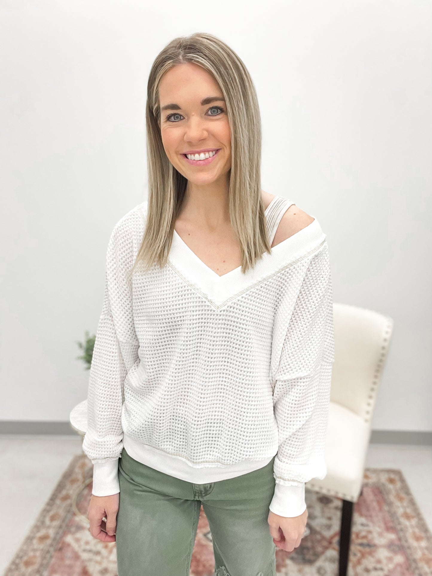Here We Go V-Neck Waffle Knit Top White