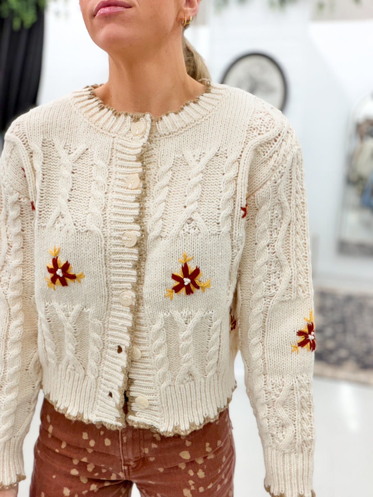 Ella Checkered Cable Knit Floral Pattern Cardigan Cream
