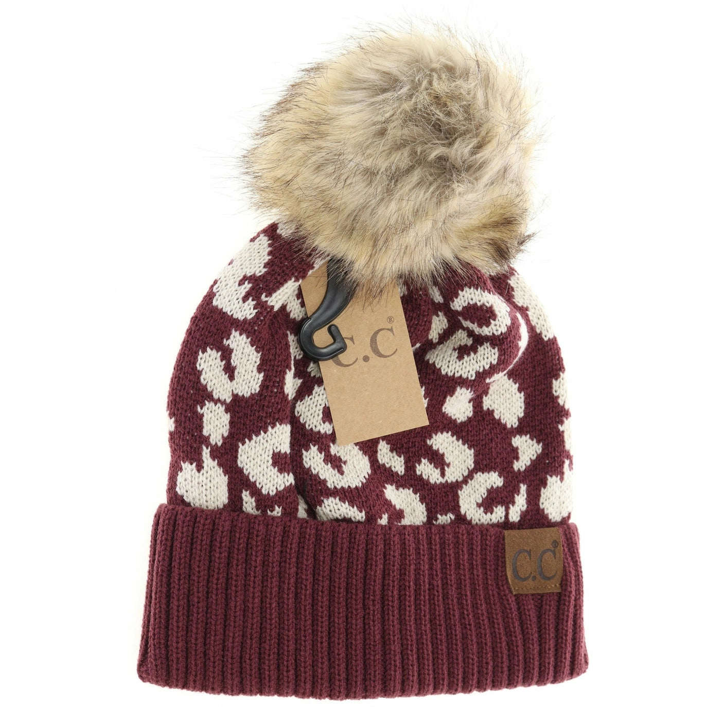 C.C. Leopard Fur Pom Beanie Maroon