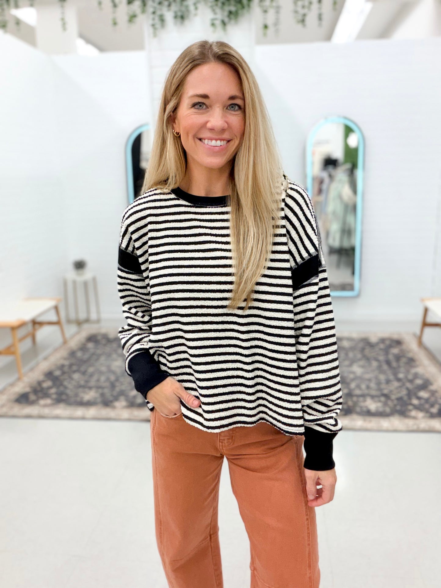 Never Know Stripe Contrast Back Cut-Out Detail Top Black