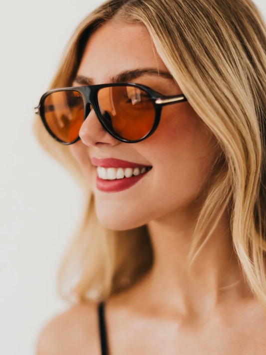 Retro Oval Flat Aviator Sunglasses Black/Amber