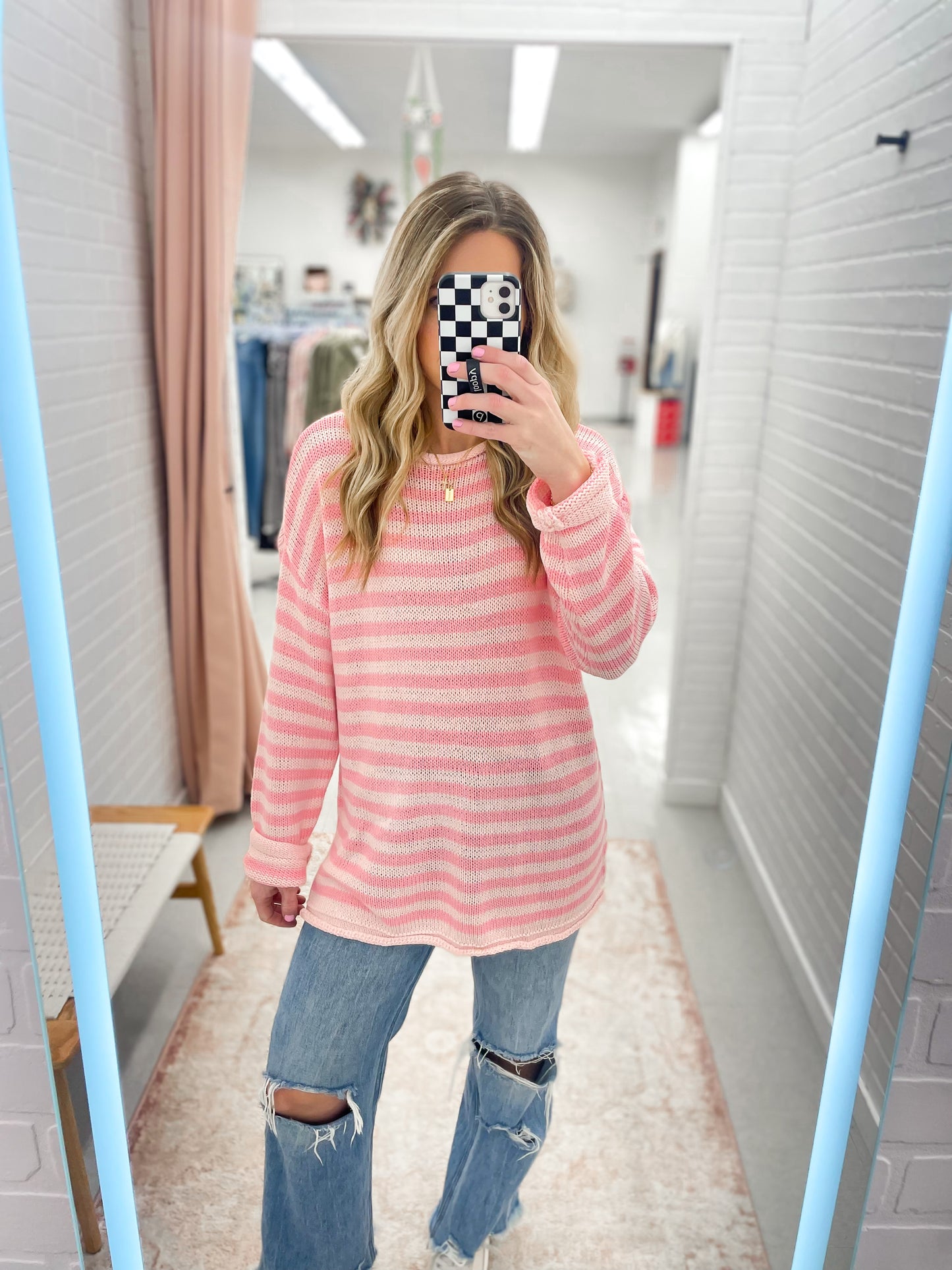 Weekend View Striped Knit Sweater Pink S-3X