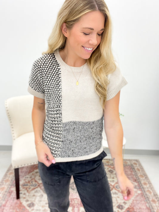 Need A Minute Color Block Short Sleeve Sweater Top Black