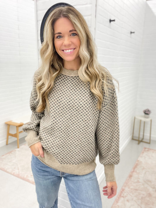 Time To Go Jacquard Crew Neck Sweater Khaki