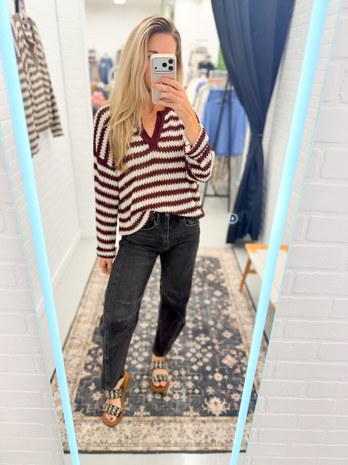 Never Ending Split Neck Knit Stripe Sweater Burgundy