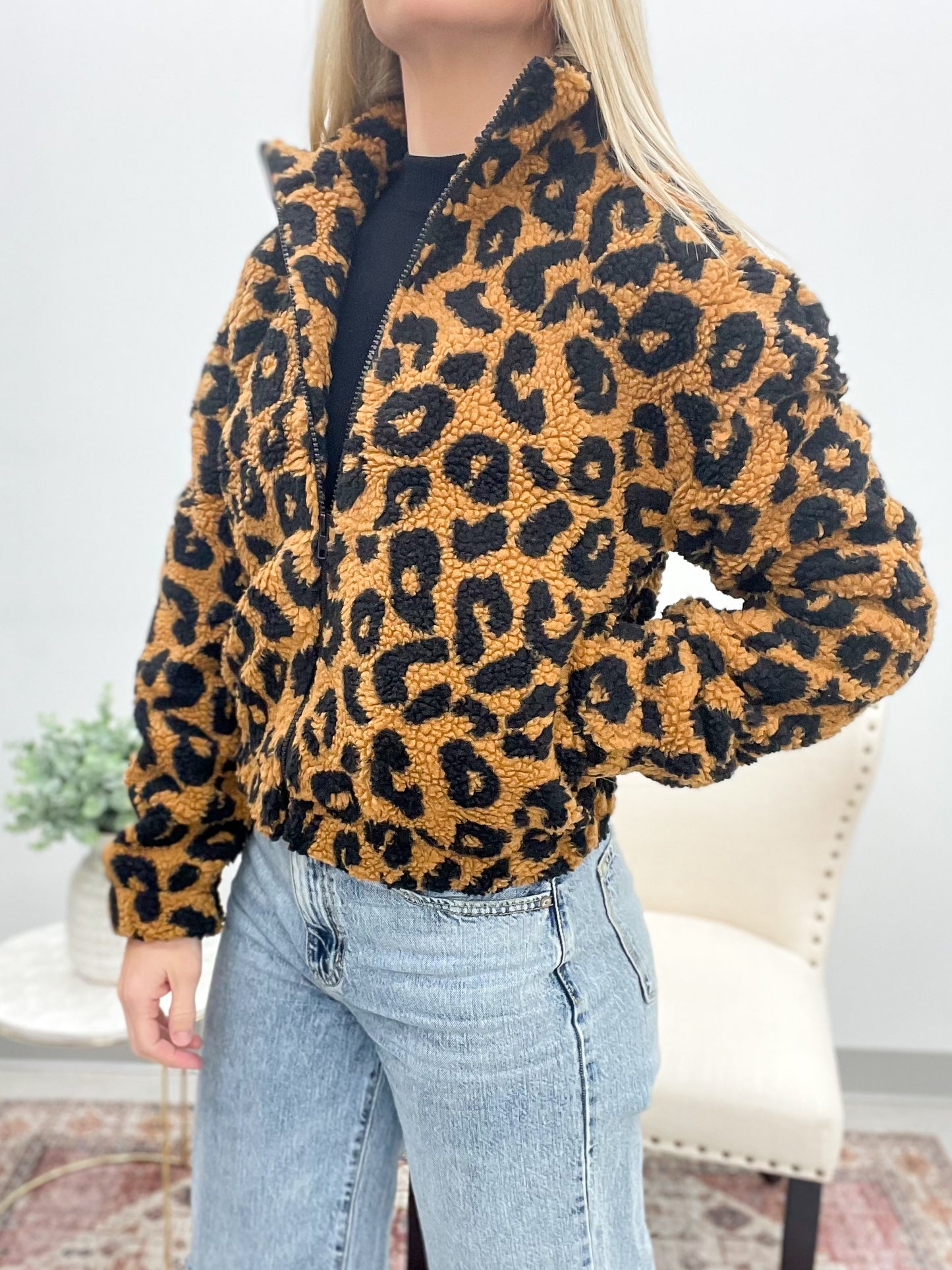 Soft Spoken Sherpa Leopard Jacket Camel