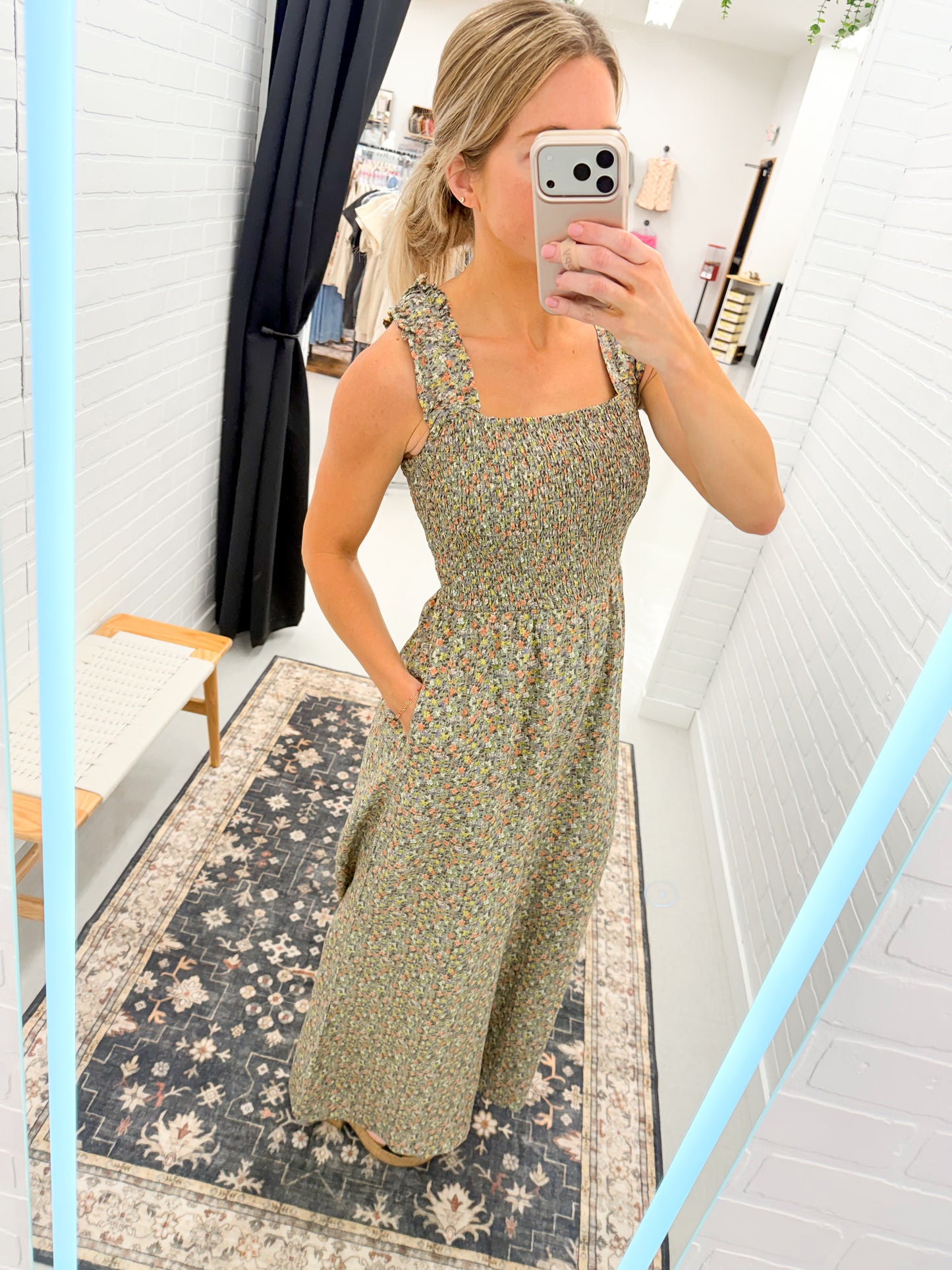 Never Better Ditsy Floral Smocked Wide Leg Jumpsuit Sage Large