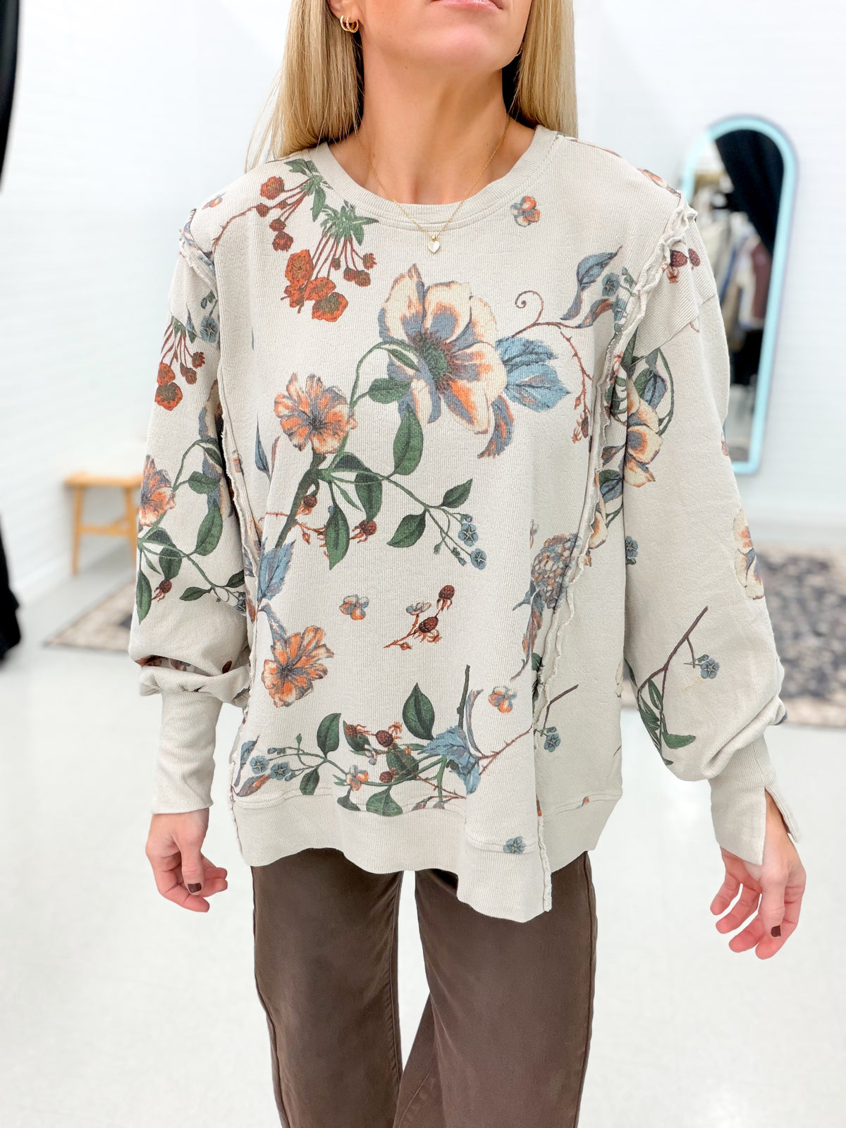 Easel Chic Floral Print Terry Knit Pullover Ecru