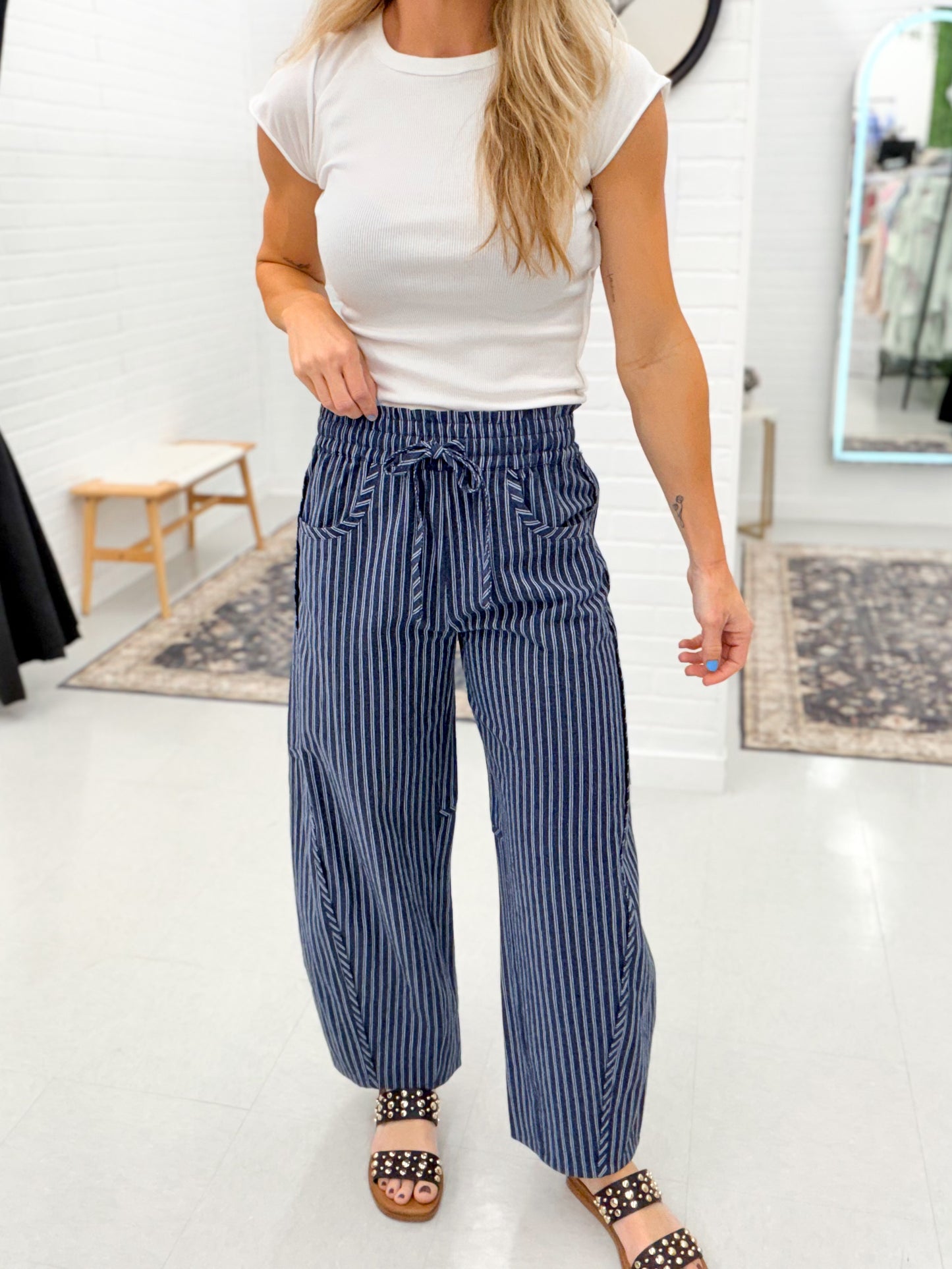 Sail Away Pinstripe Barrel Drawstring Pants Navy