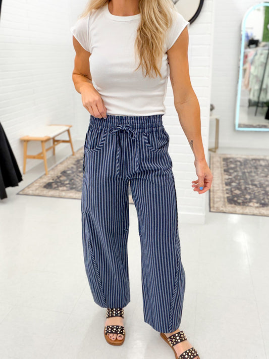 Sail Away Pinstripe Barrel Drawstring Pants Navy