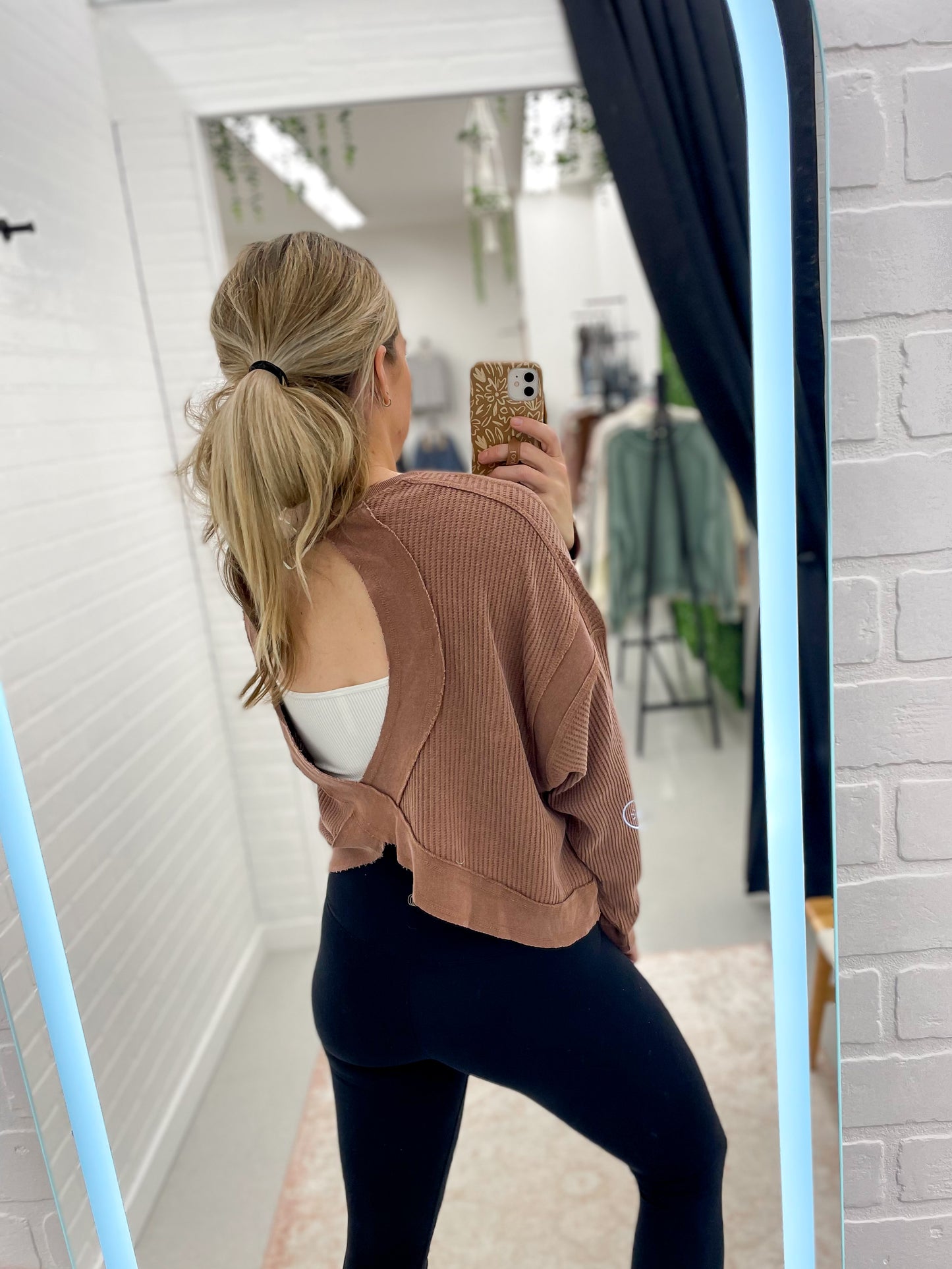 Her Time Waffle Knit Open Back Long Sleeve Top Chestnut