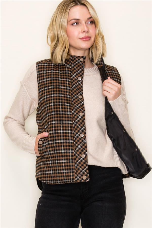 Around Here Plaid Puffer Vest Brown Mix