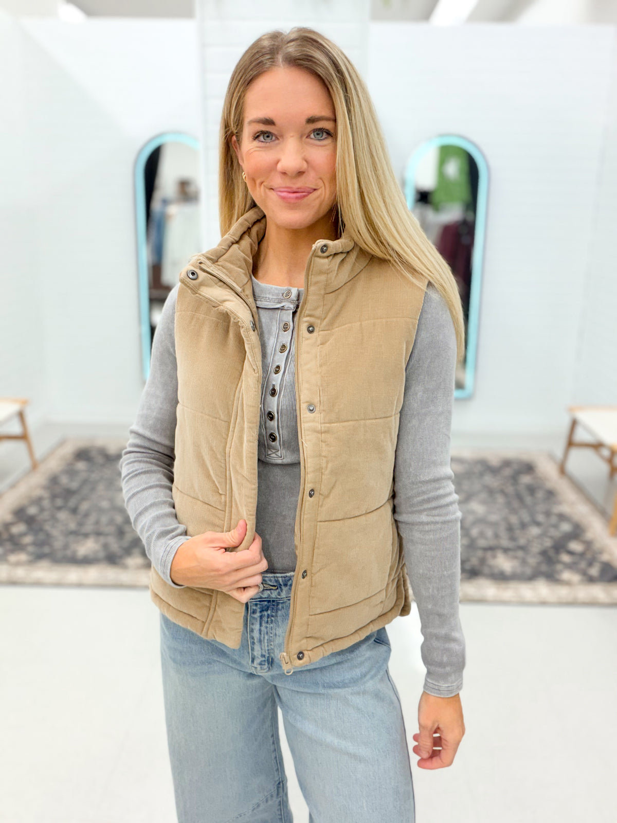Down Time Corduroy Puffer Vest Taupe