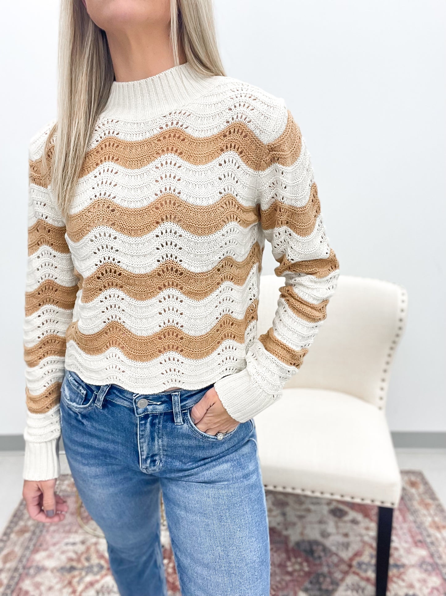 Ride The Wave Striped Crop Sweater Taupe/Cream