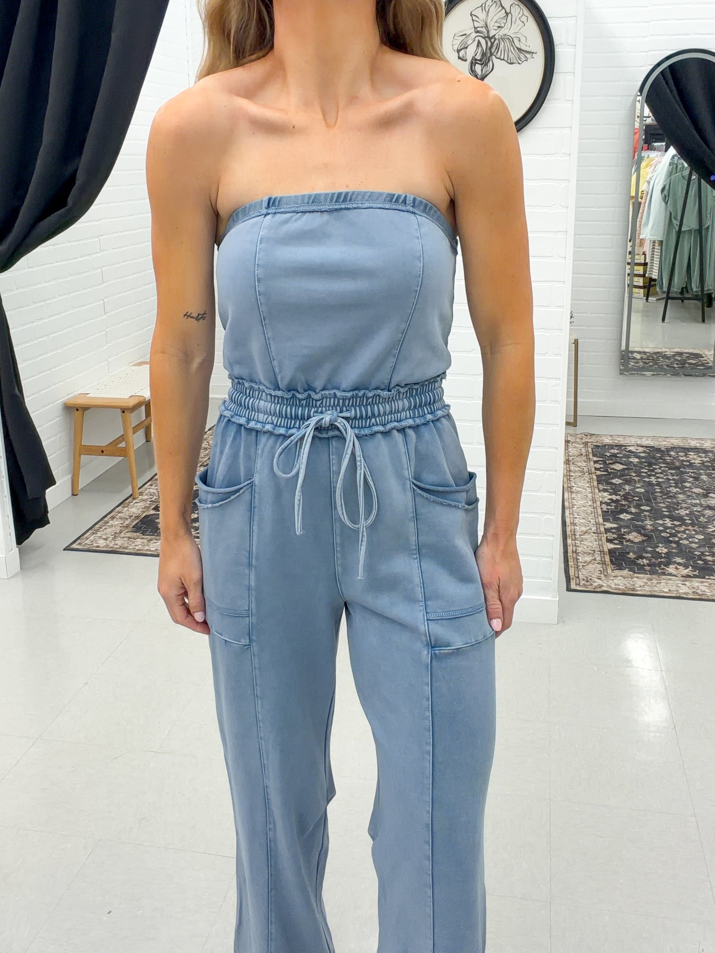 Luxe Mineral Wash Strapless Jumpsuit Light Blue