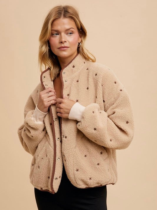 The Sadie Star Embroidered Fleece Jacket Tan