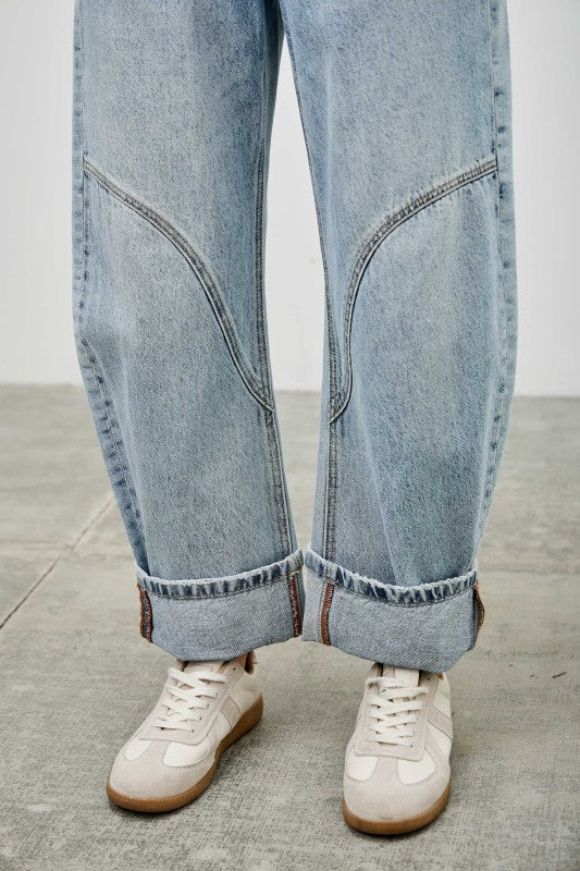 The Paige High Rise Barrel Wide Cuff Denim Light Wash