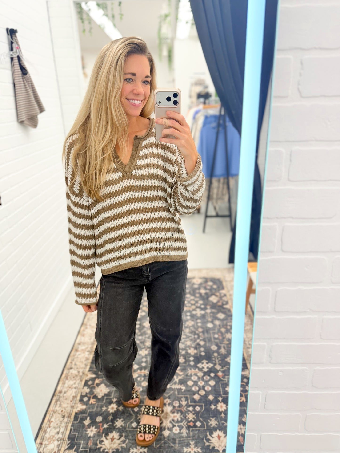 Never Ending Split Neck Knit Stripe Sweater Mocha