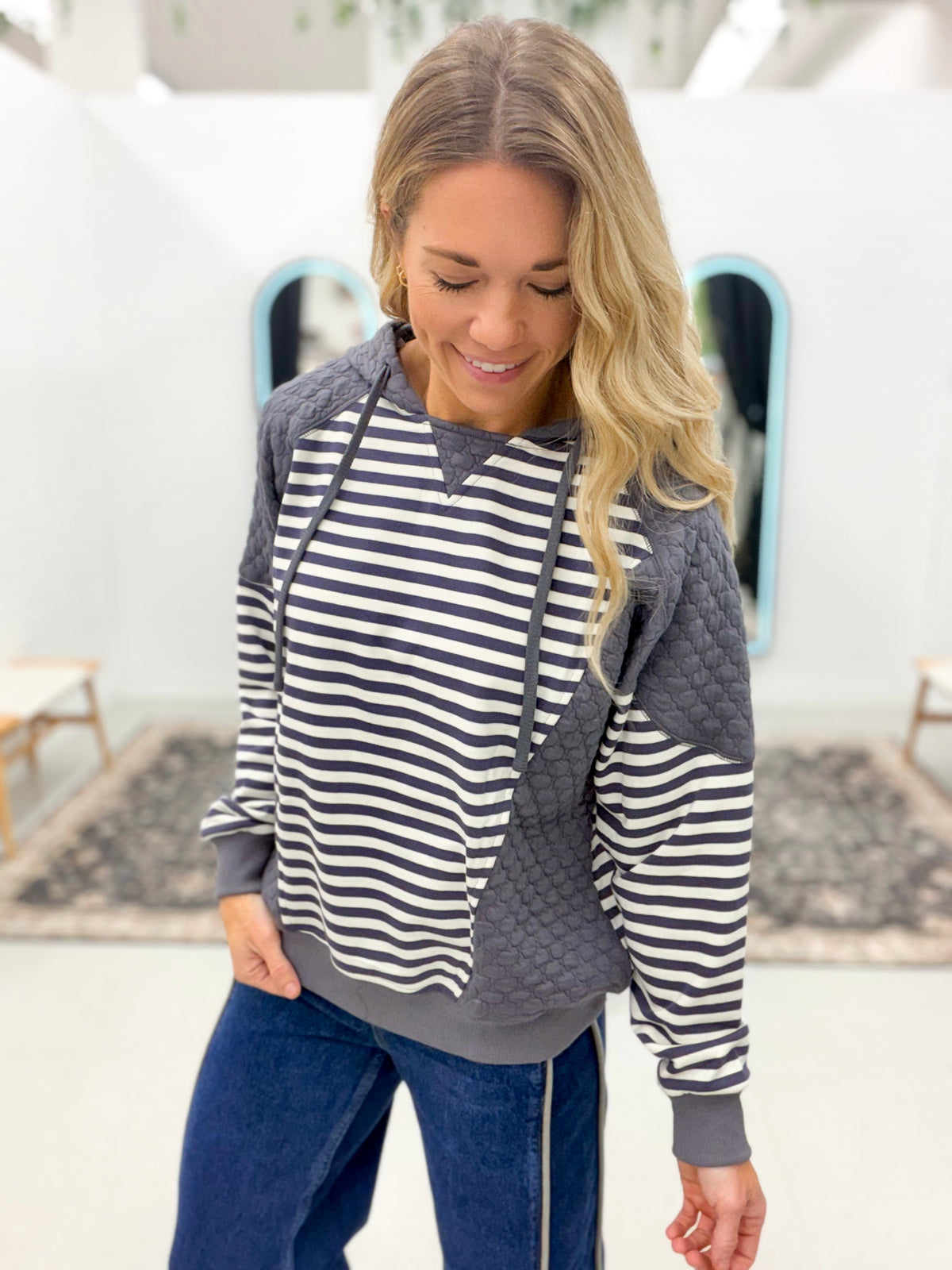 Mixed Up Stripe French Terry Quilted Pullover Navy