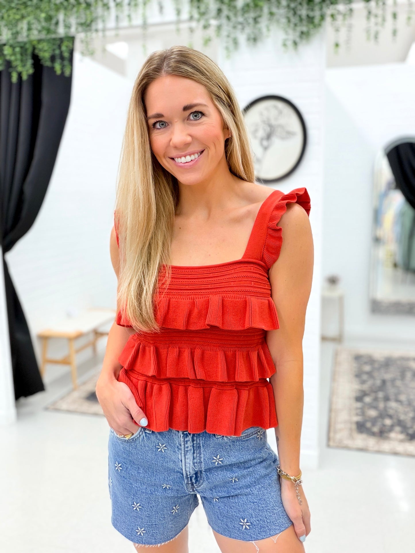 Like Yesterday Ruffle Knit Detail Tank Red