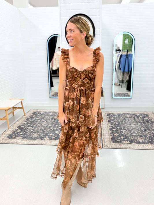 Sunset Sky Floral Chiffon Ruffle Tiered Corset Midi Dress Brown Multi