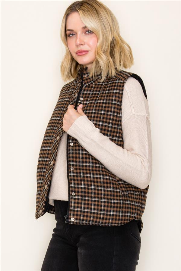 Around Here Plaid Puffer Vest Brown Mix