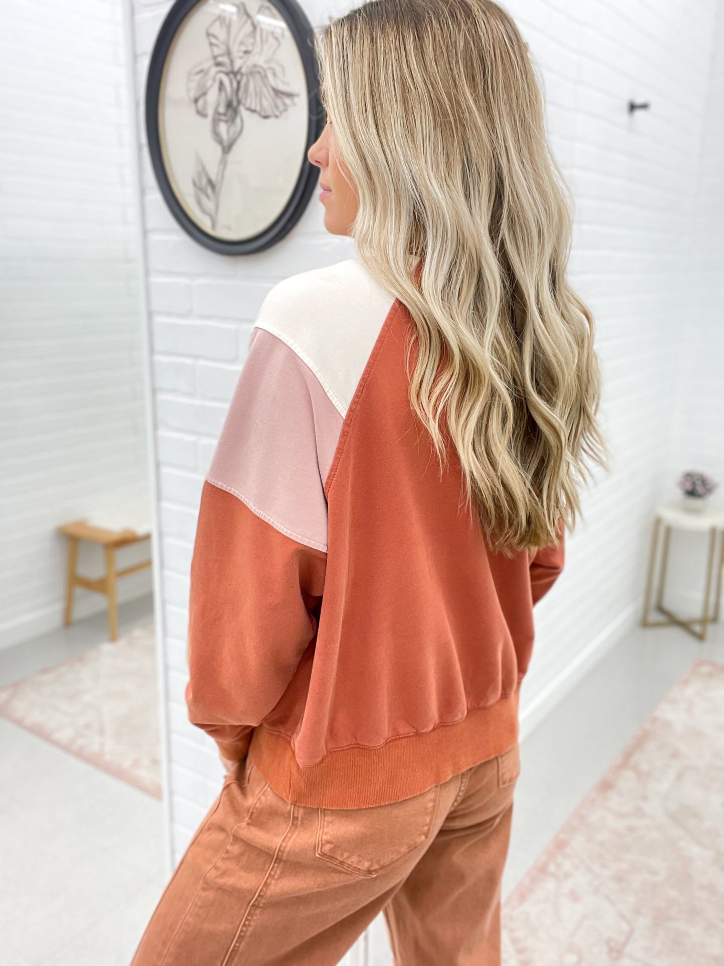 She Could Be Color Block Pullover Washed Brick