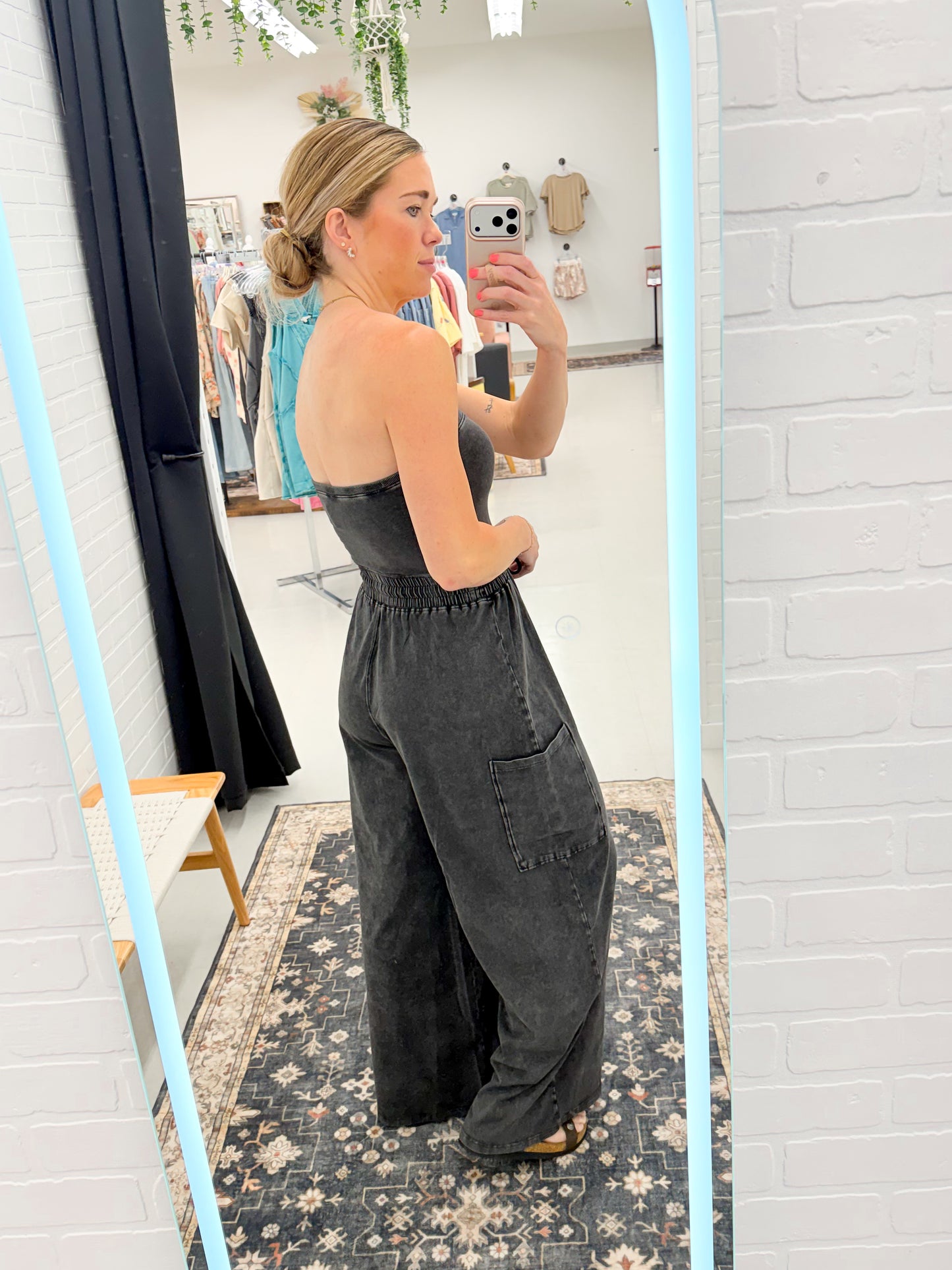 Outbound Strapless Mineral Wash Wide Leg Jumpsuit Black