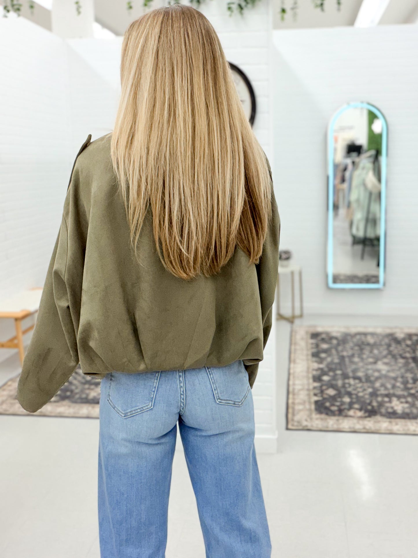 Daydreamer Microsuede Bubble Hem Jacket Olive