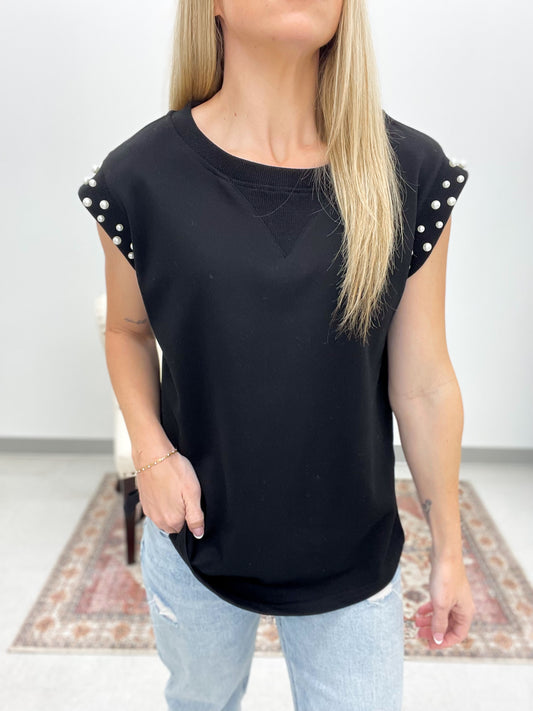 Encore Pearl Sleeve Detail Top Black