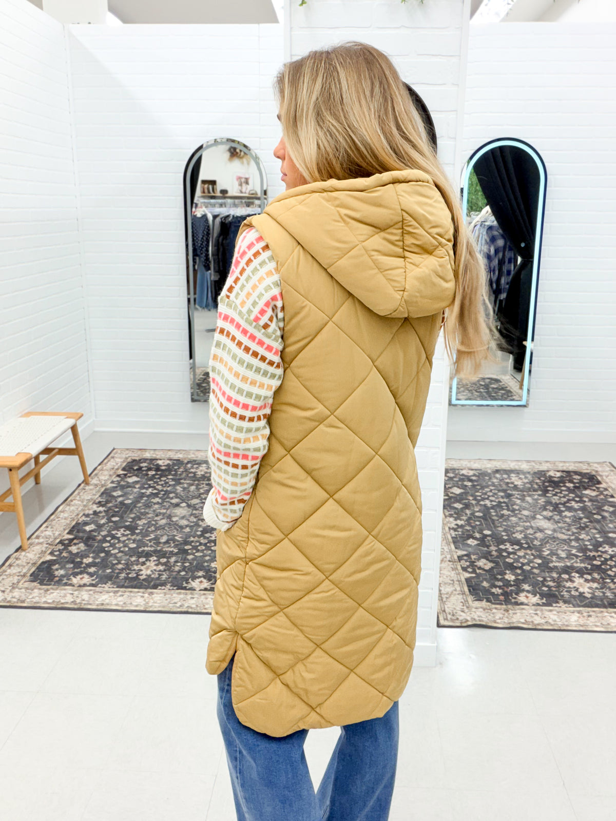 Bundle Up Quilted Puffer Long Hooded Vest Camel