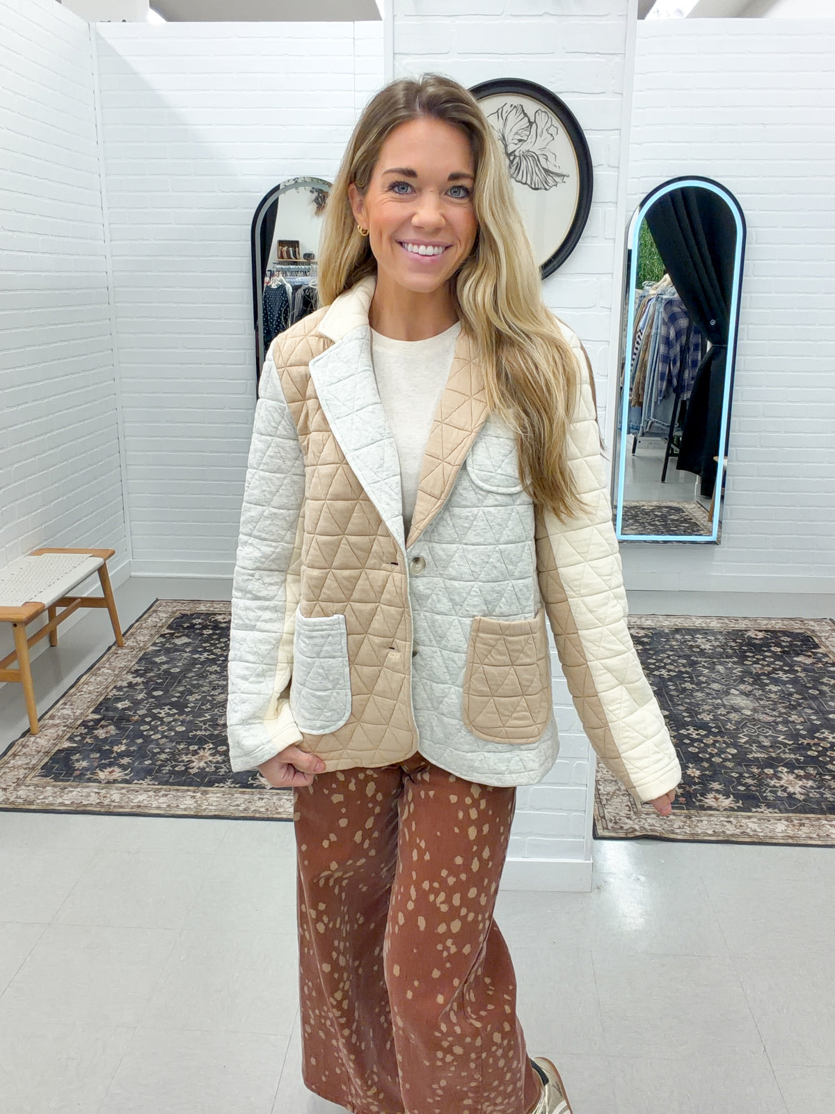 Here Now Quilted Color Block Sport Coat Oatmeal/Latte