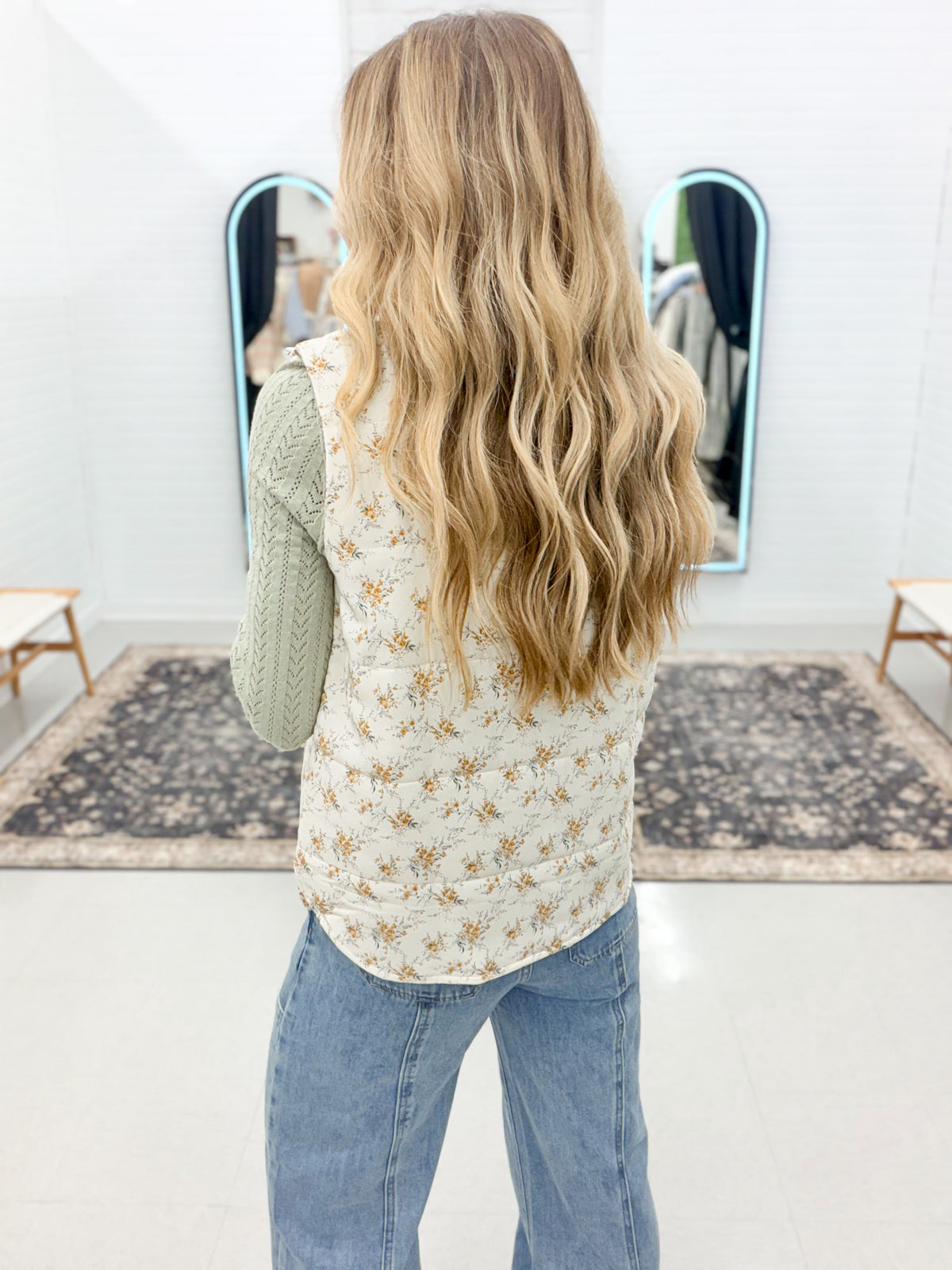 Full Bloom Floral Puffer Vest Ivory