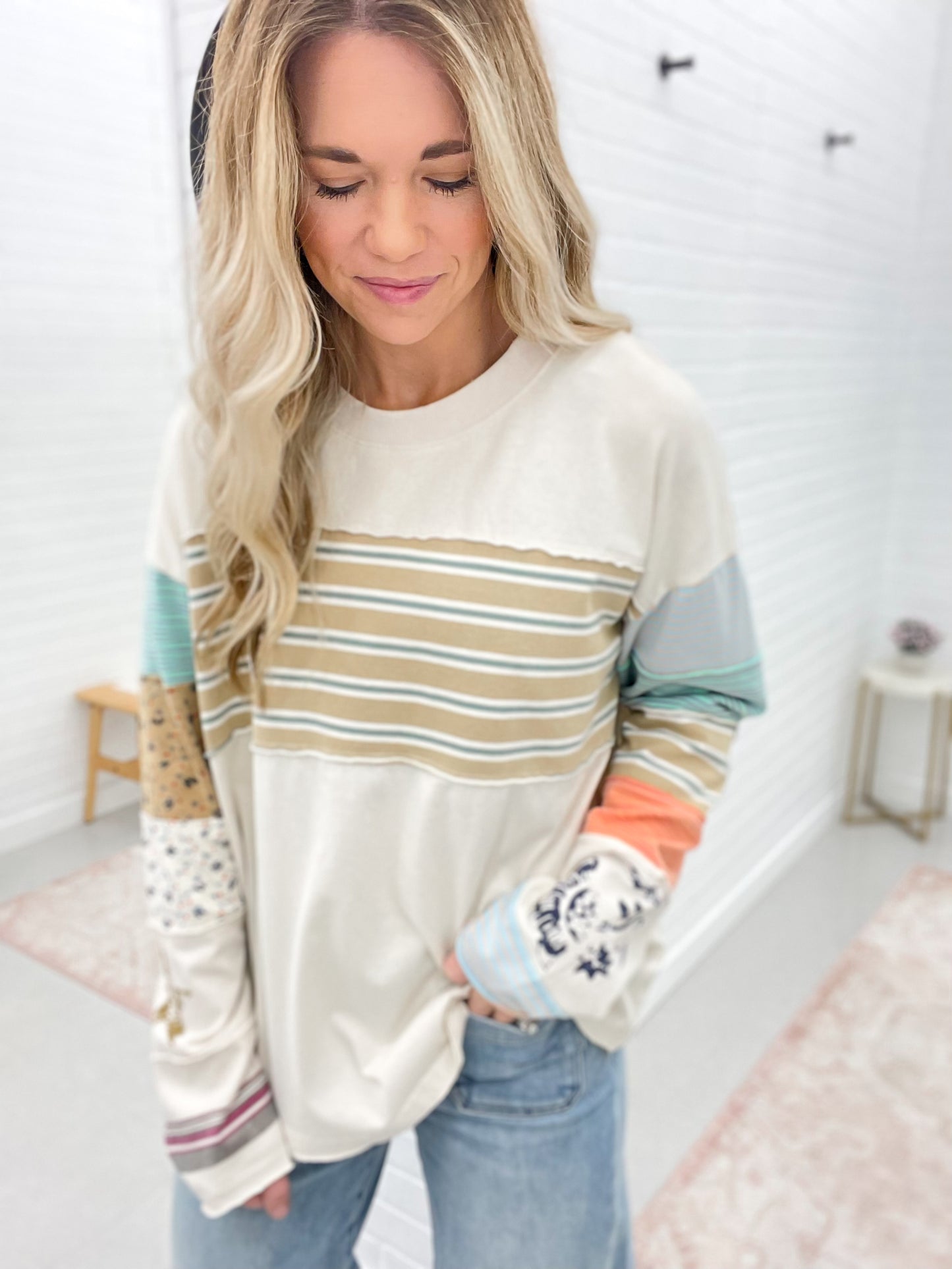 Could It Be Striped Mix Knit Long Sleeve Top Cream
