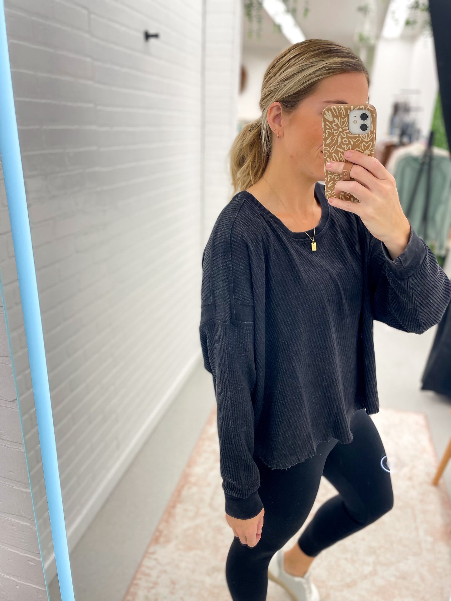 Her Time Waffle Knit Open Back Long Sleeve Top Black