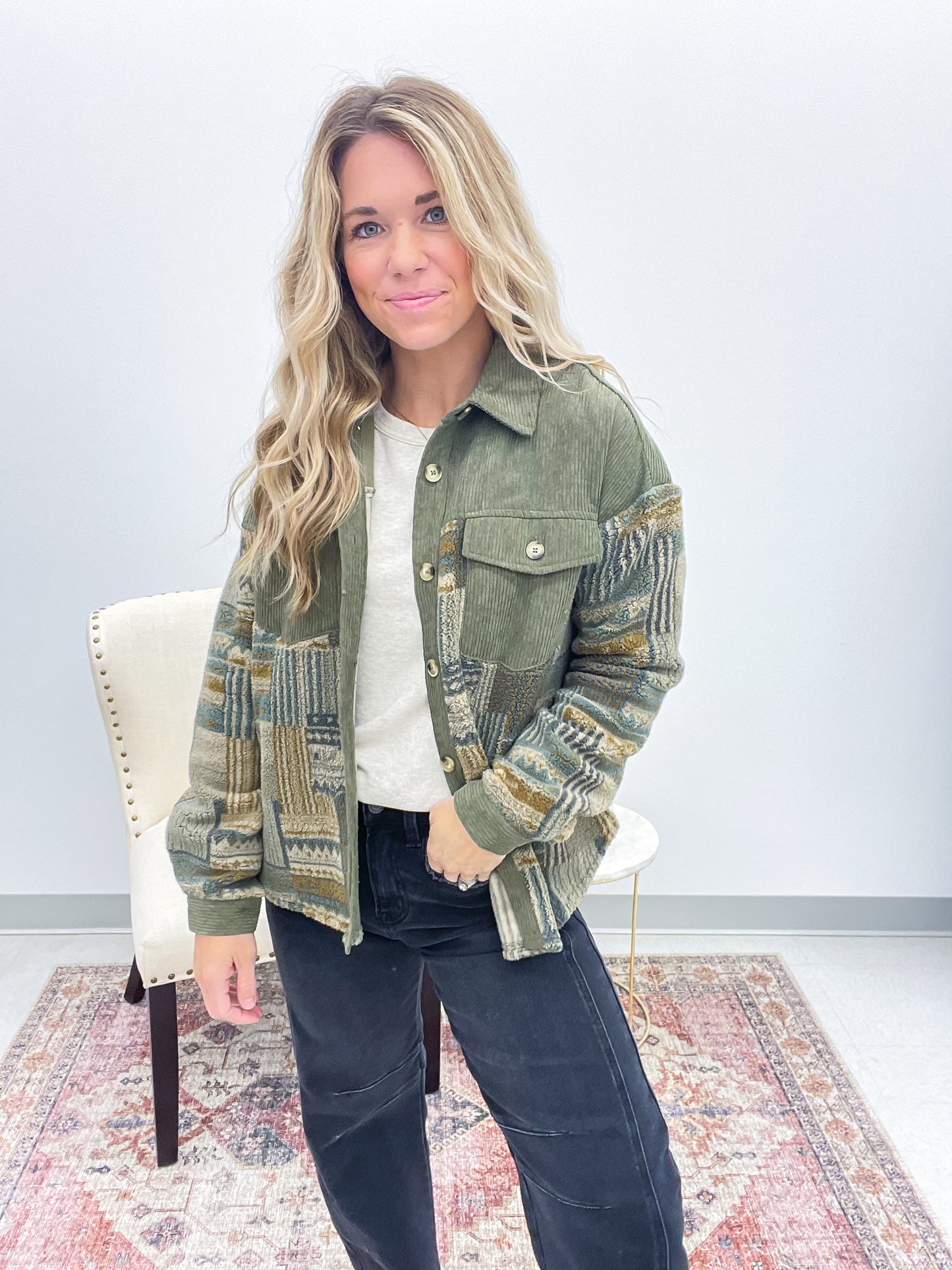 Take It In Fleece Corduroy Button Down Jacket Olive