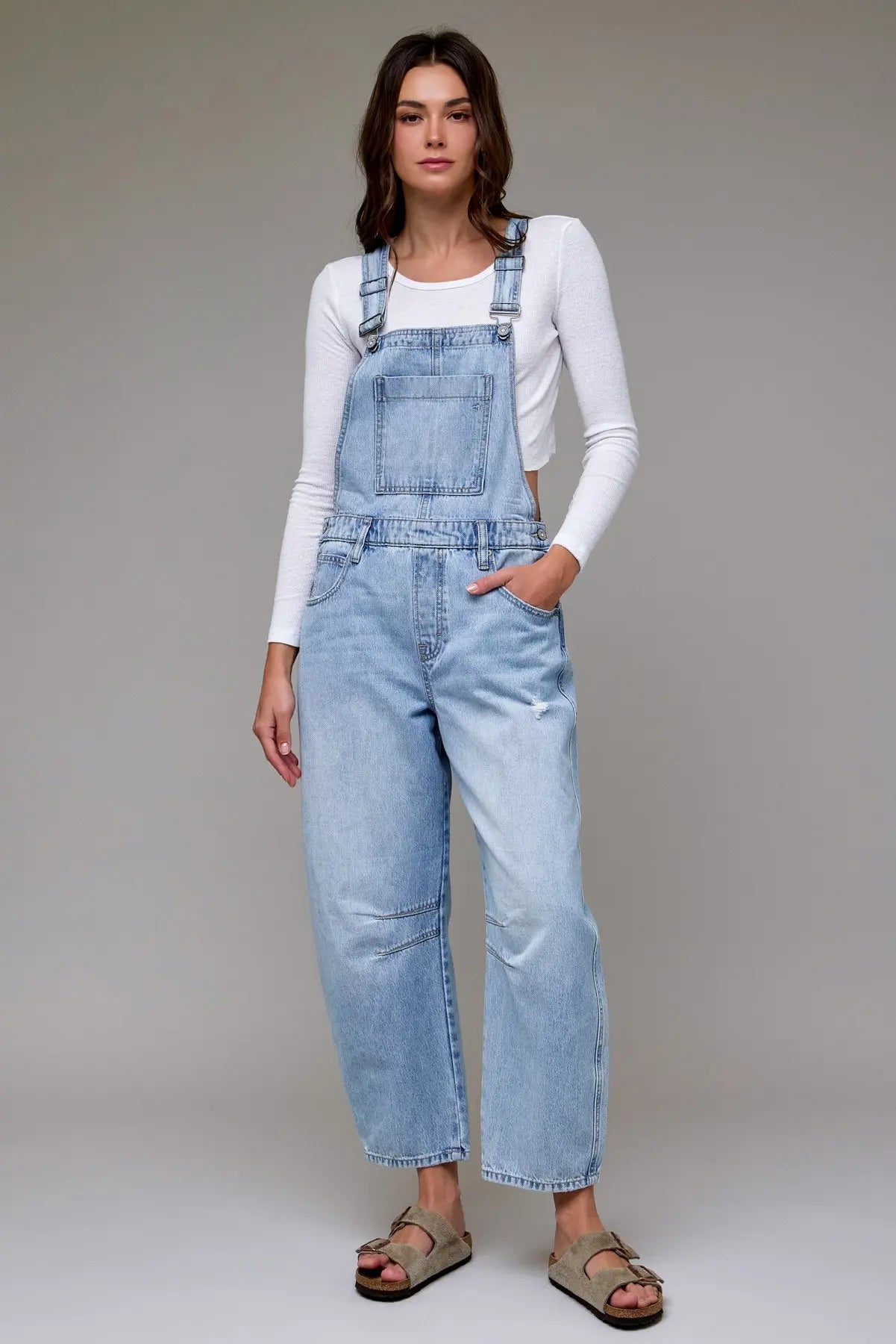 Hidden Dylan Light Wash Classic Barrel Cropped Overalls