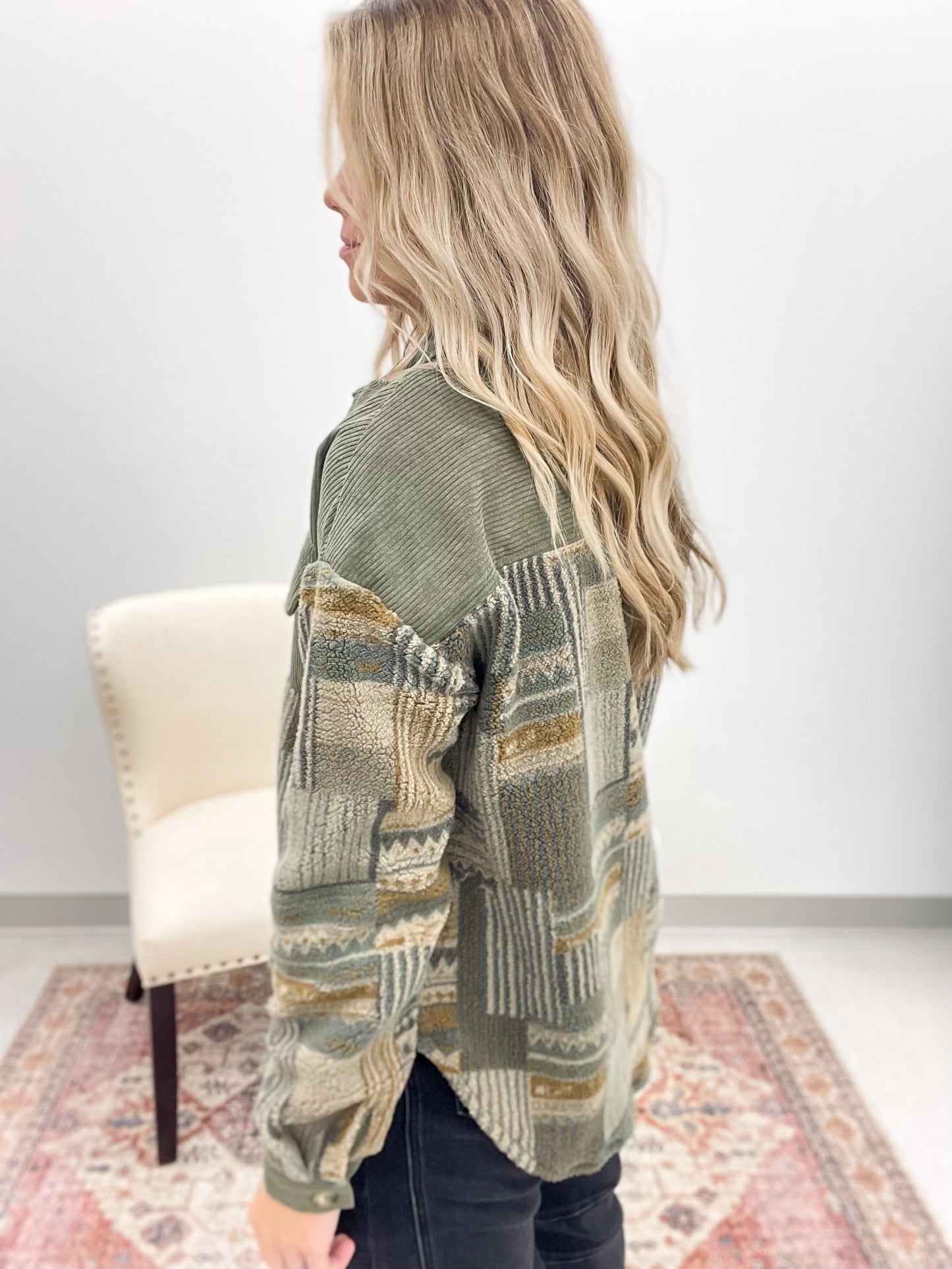 Take It In Fleece Corduroy Button Down Jacket Olive