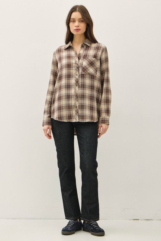 All We Need Button Down Plaid Shirt Brown/Tan