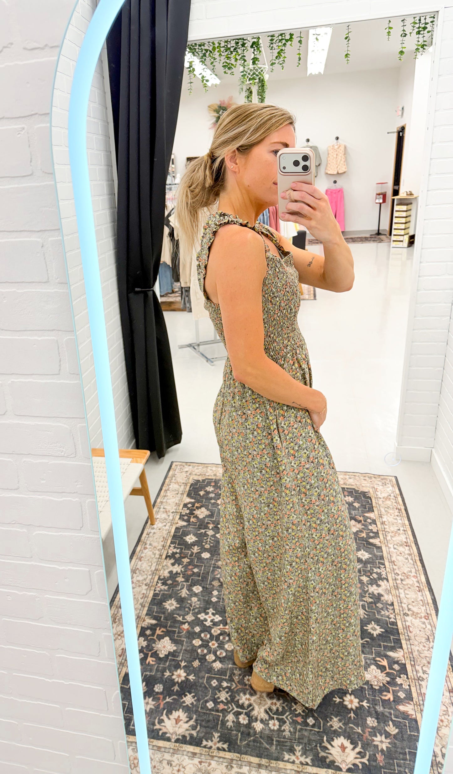 Never Better Ditsy Floral Smocked Wide Leg Jumpsuit Sage Large