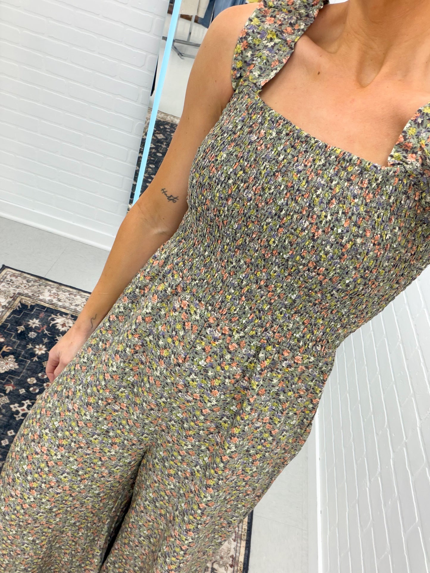 Never Better Ditsy Floral Smocked Wide Leg Jumpsuit Sage Large