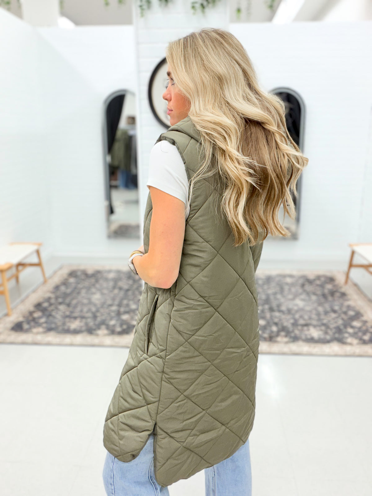 Bundle Up Quilted Puffer Long Hooded Vest Olive