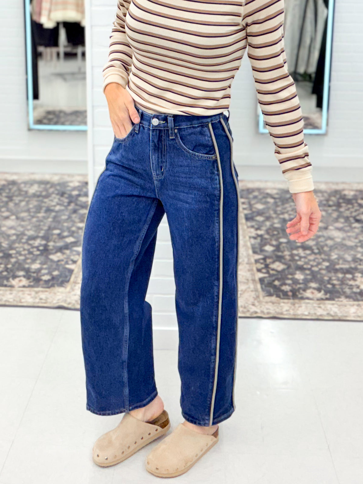 The Victoria High Rise Side Panel Barrel Jeans Dark Wash