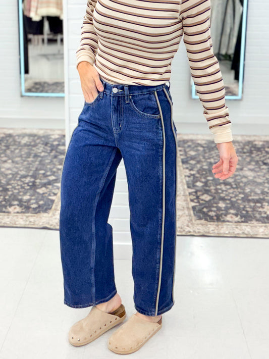 The Victoria High Rise Side Panel Barrel Jeans Dark Wash