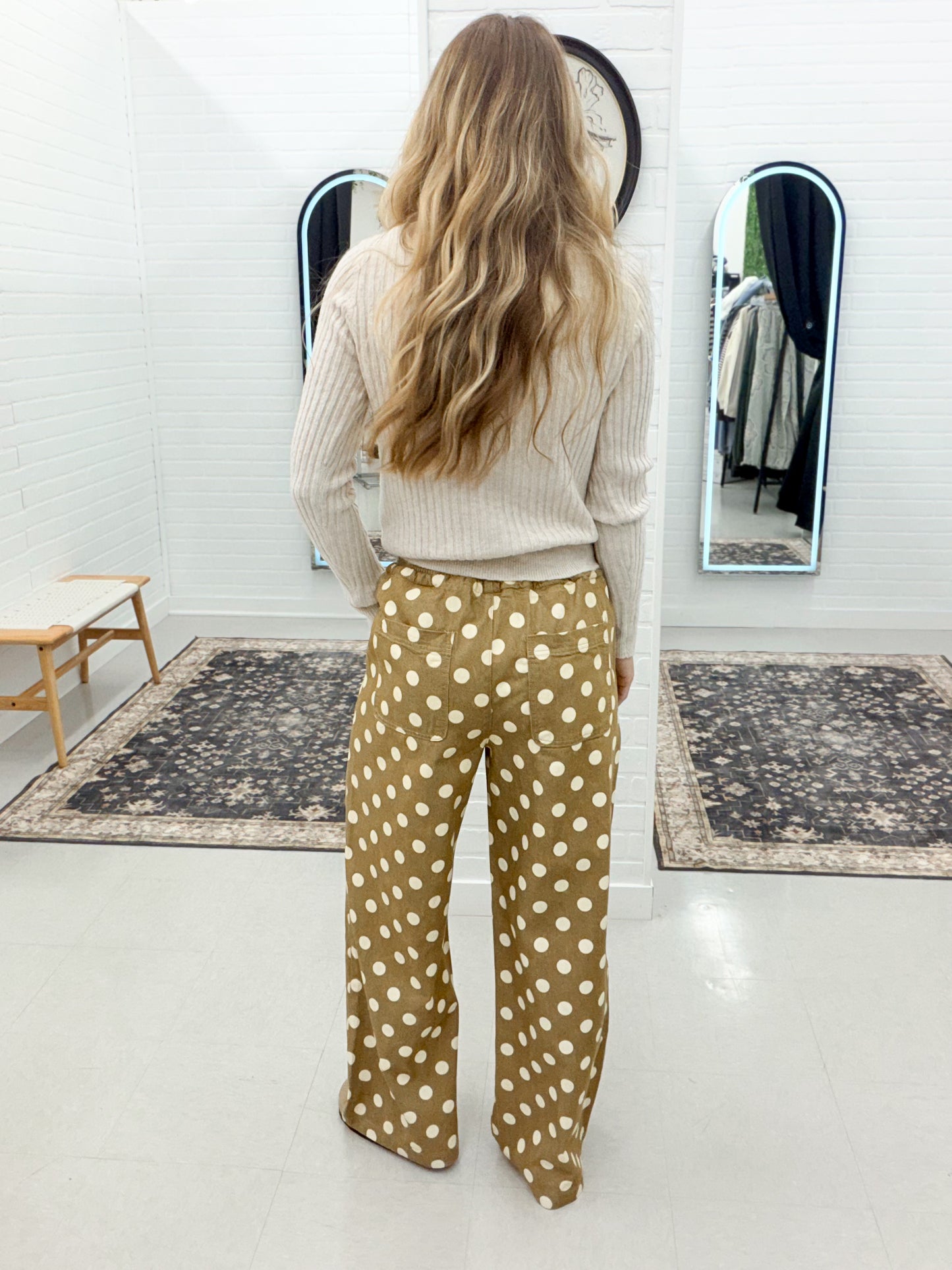 On Trend Wide Leg Polka Dot Pants Taupe