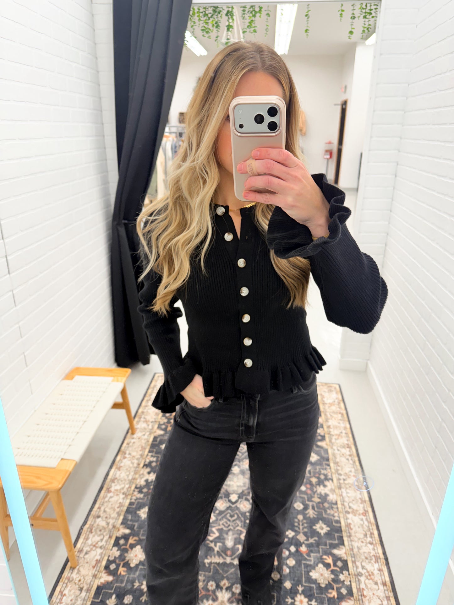 The Details Ruffle Hem Ribbed Knit Sweater Cardigan Black