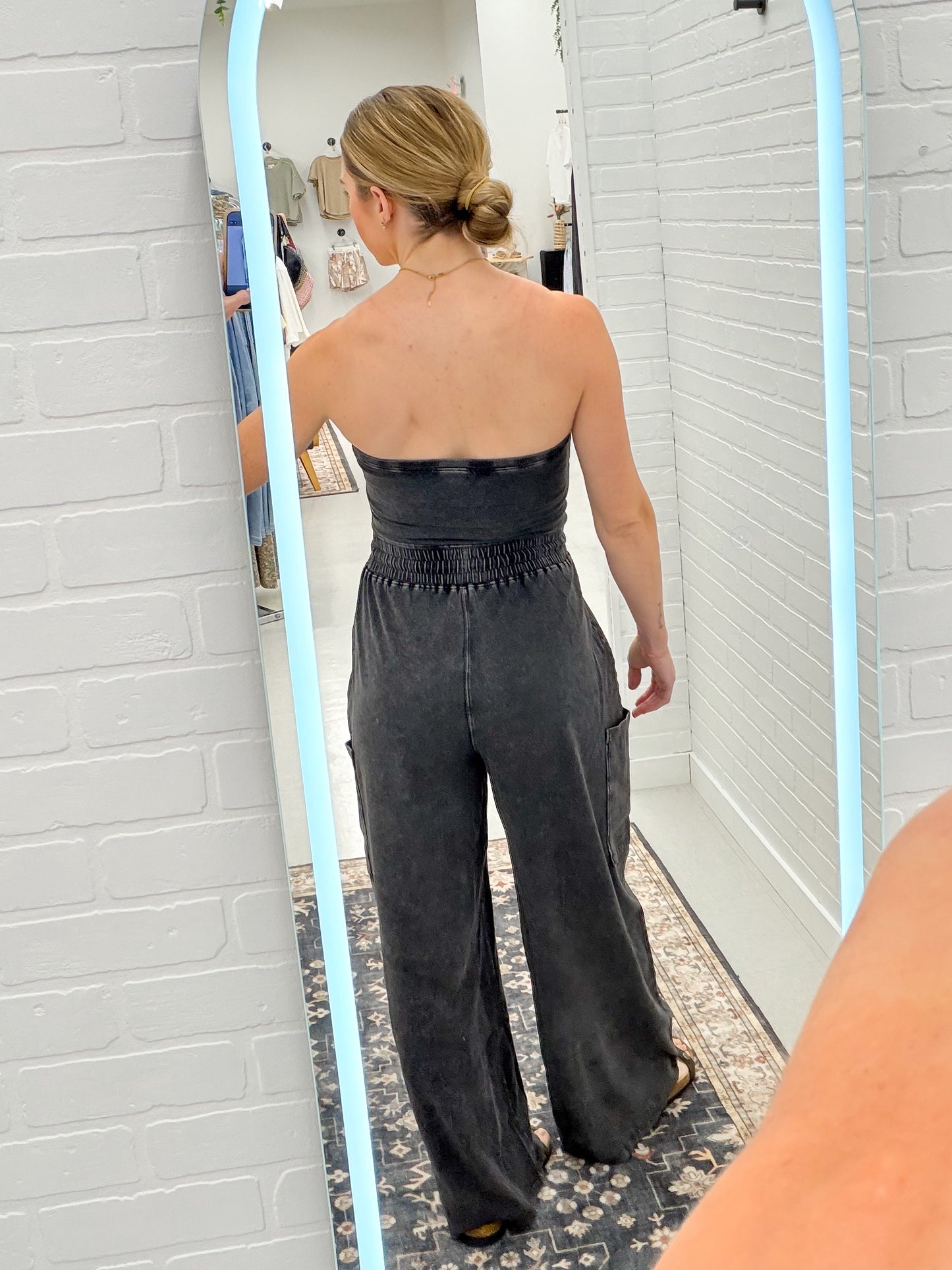 Outbound Strapless Mineral Wash Wide Leg Jumpsuit Black