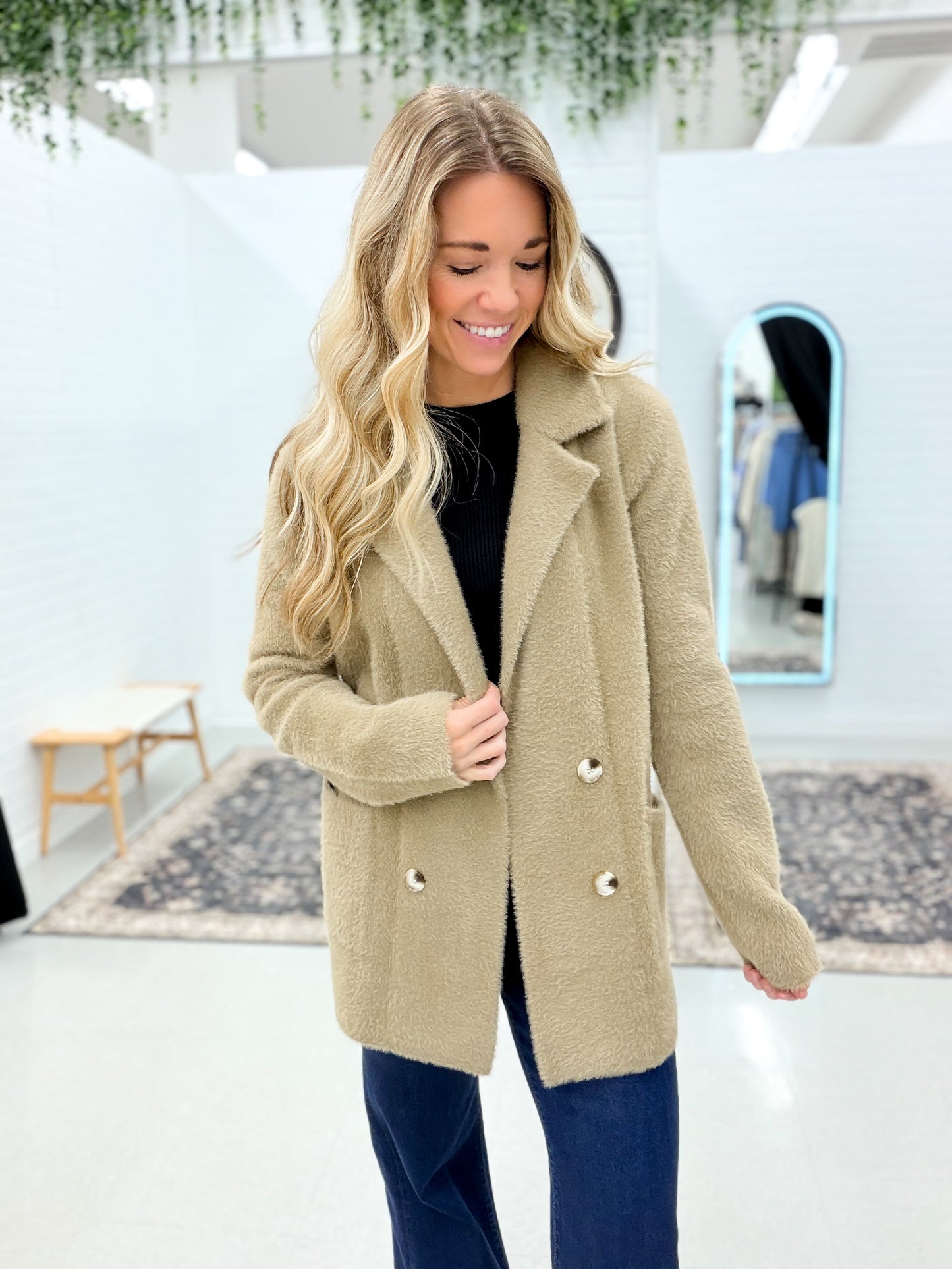 Only You Fuzzy Double Button Coatigan Taupe
