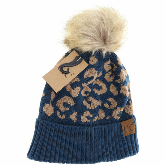 C.C. Leopard Fur Pom Beanie Prussian Blue
